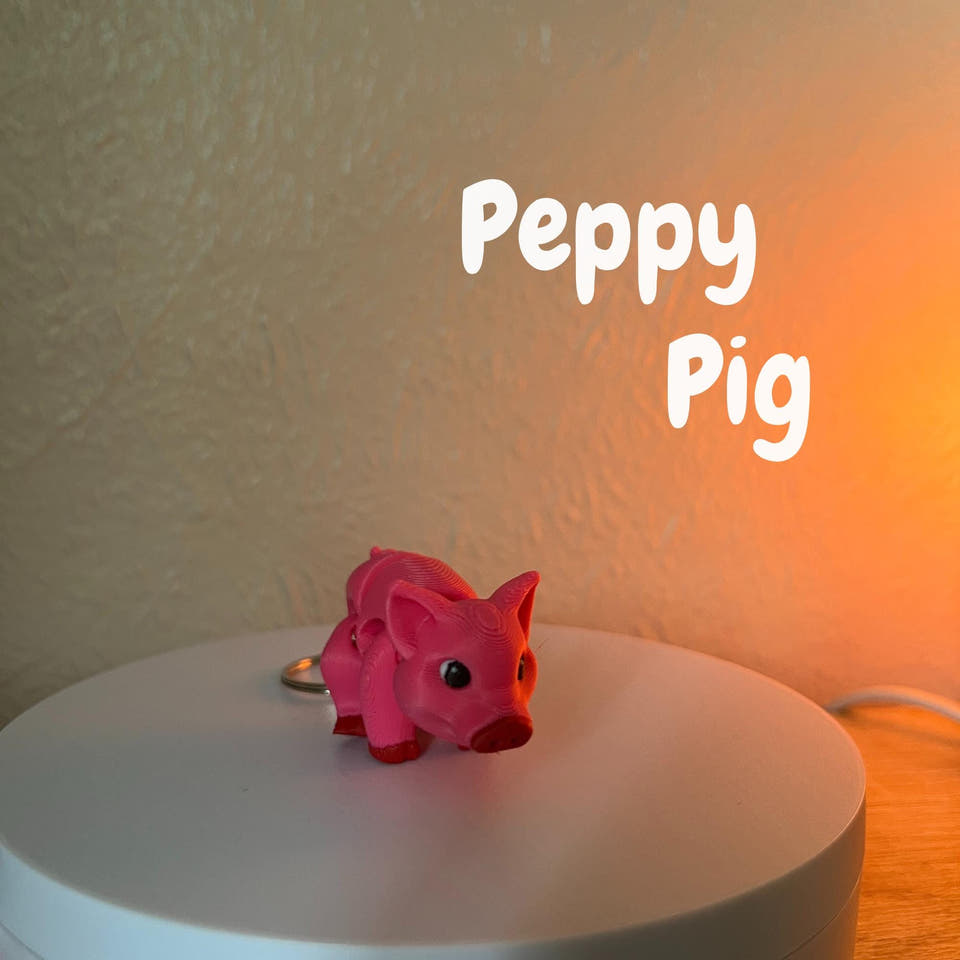 A pink pig keychain with red accents. The pig has a detailed design and is attached to a silver-colored keyring. The text "Peppy Pig" is displayed above the pig.