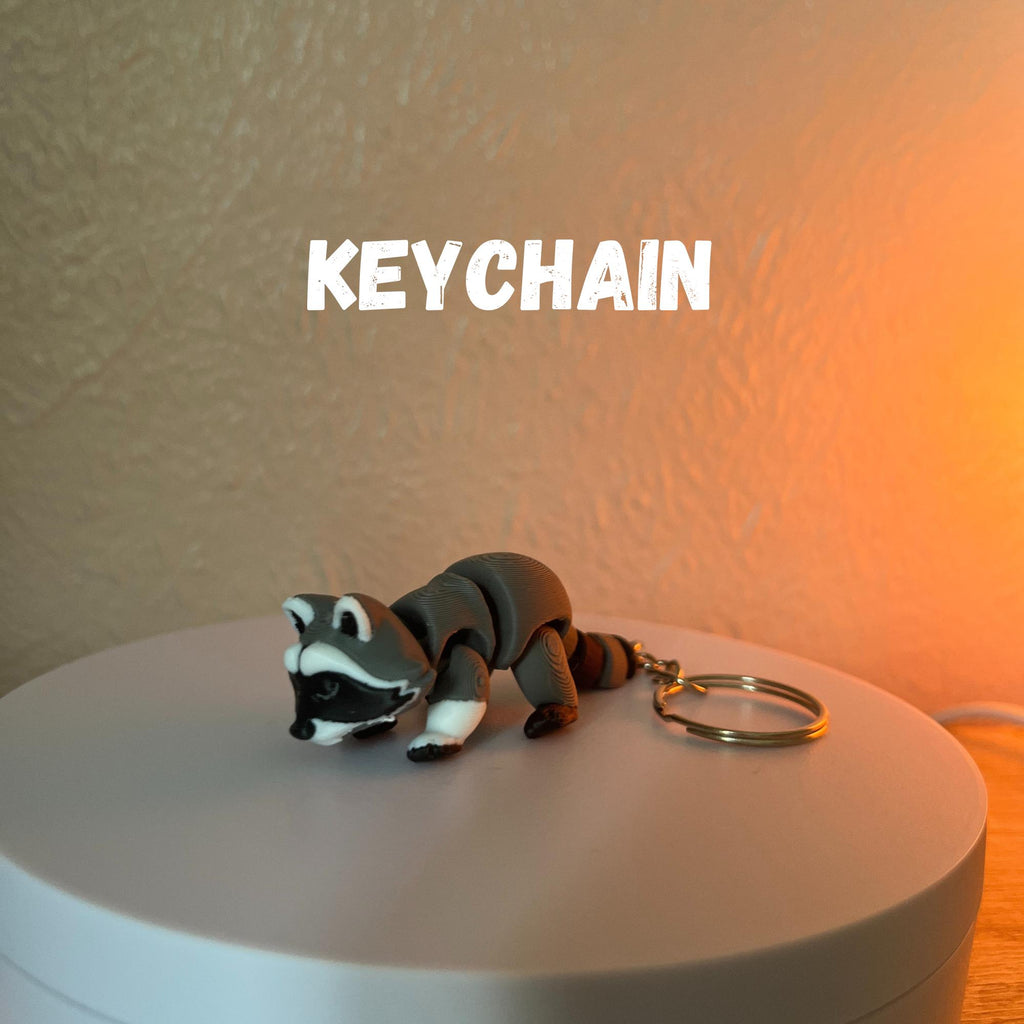 A gray and white raccoon keychain with a gold-colored keyring. The word "KEYCHAIN" is displayed in white block letters above the raccoon figurine. The raccoon has a black mask, gray body, and white paws.