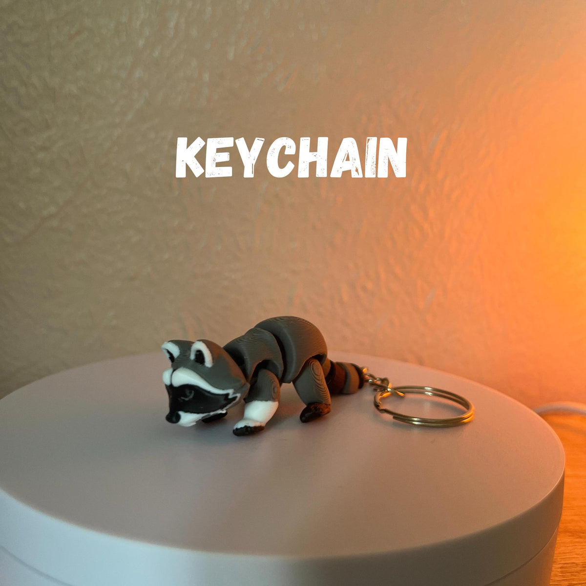 A gray and white raccoon keychain with a gold-colored keyring. The word "KEYCHAIN" is displayed in white block letters above the raccoon figurine. The raccoon has a black mask, gray body, and white paws.