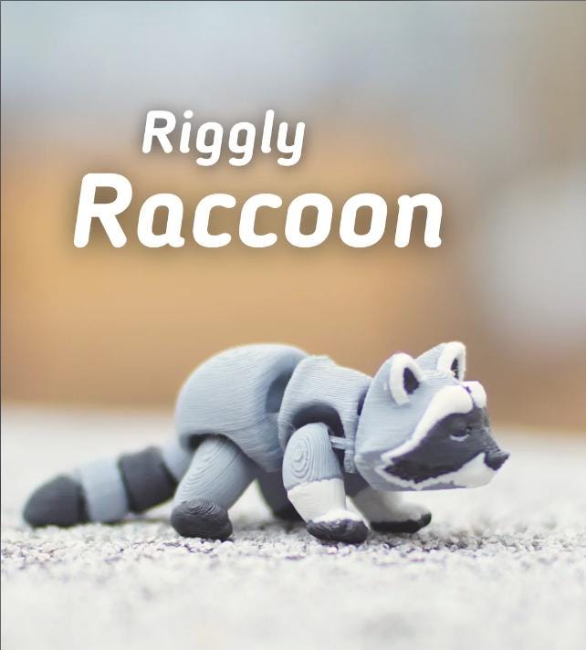 A gray and white articulated raccoon figurine with a black mask and striped tail. The text "Riggley Raccoon" is displayed above the figurine. The raccoon is posed on a textured surface.
