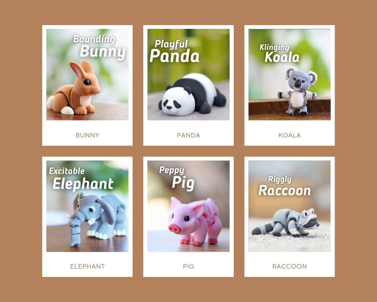 Six miniature animal figurines: a bunny, panda, koala, elephant, pig, and raccoon. Each figure is in a white framed image with a descriptive title above and the animal's name below. The bunny is brown and white, the panda is black and white.