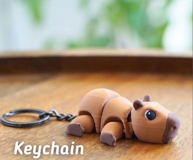 A brown capybara keychain with a black keyring. The capybara has a segmented body and a detailed face with dark eyes and a brown nose. The word "Keychain" is printed in white at the bottom.