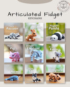A collection of articulated fidget keychains featuring various animals. The keychains include a raccoon, bunny, panda, pig, elephant, koala, narwhal, cat, and capybara. The keychains are in various colors and are labeled with their names.