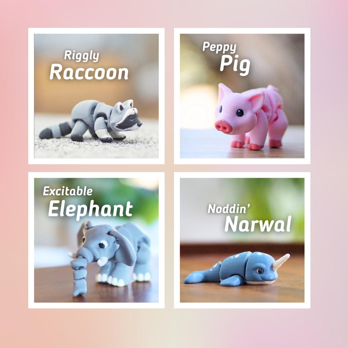 A collection of four small animal figurines: a raccoon, a pig, an elephant, and a narwhal. Each figurine is in a square frame with a name above it. The raccoon is gray and black, the pig is pink, the elephant is blue, and the narwhal is blue.