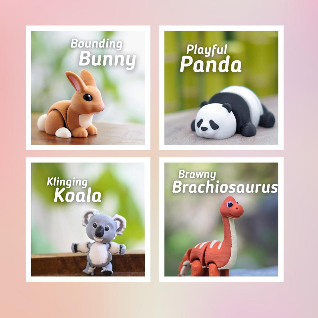 Four square images featuring handmade animal figurines. The top left shows a brown bunny with the text "Bounding Bunny." The top right shows a panda with the text "Playful Panda." The bottom left shows a koala with the text "Klinging Koala." The bottom right shows a Brachiosaurus with the text "Brawny Brachiosaurus."